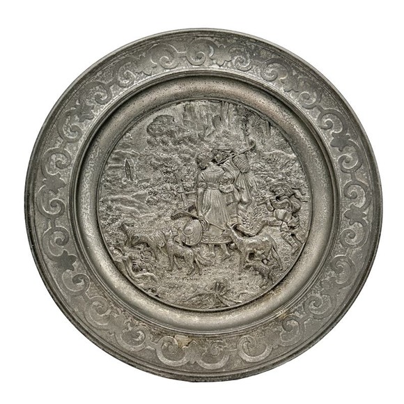 Antique SKS Zinn Hanging Plate 95% Pewter Rare Germany Farming Sheppard Scene - Picture 1 of 13